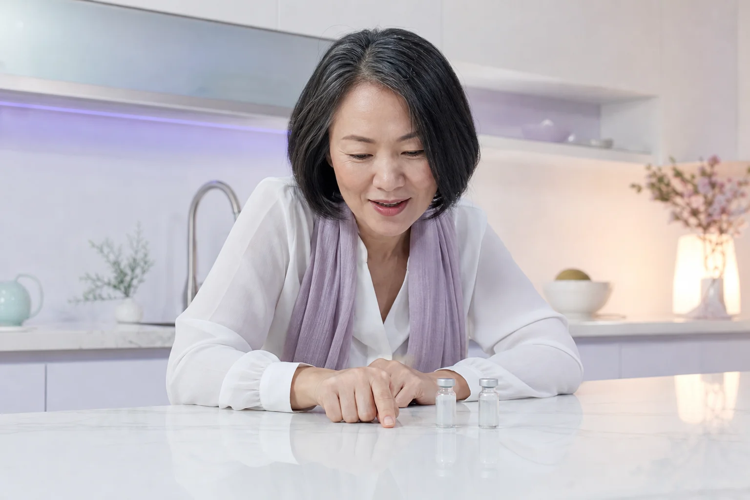 An East Asian woman in her late forties with a dark bob and a lavender scarf leans over a white kitchen island, smiling at two identical thumb-sized vials side by side