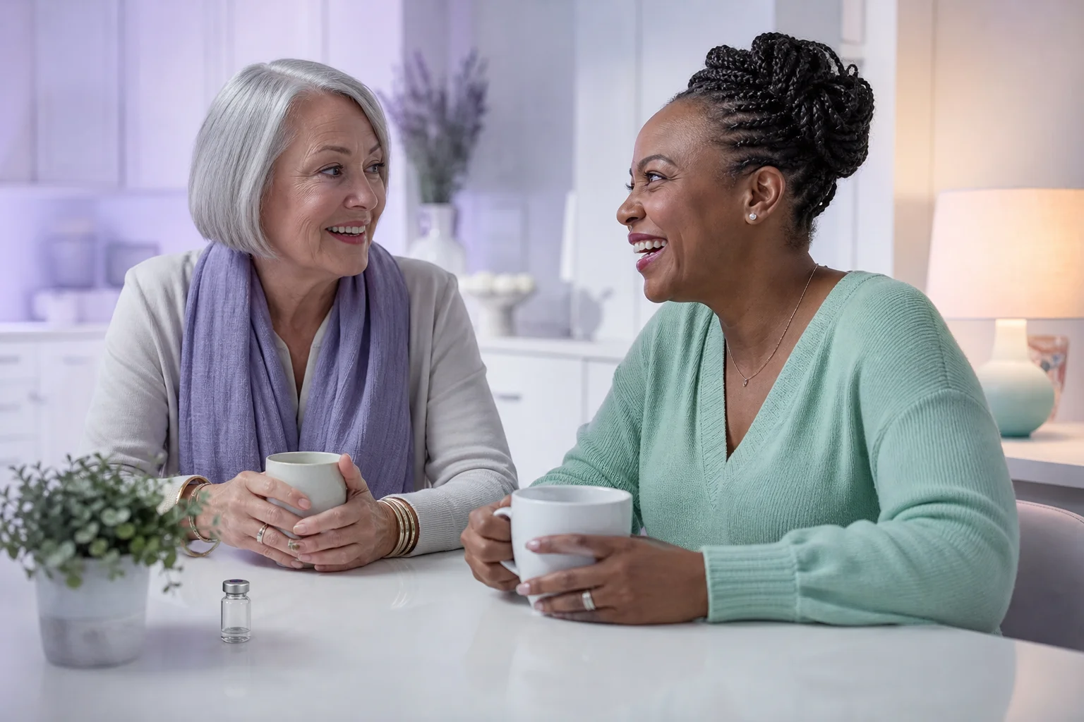 A white woman in her fifties with a silver bob and a lavender scarf laughs with a Black woman in her late forties in a mint sweater over mugs at a white kitchen table, a small vial beside a plant