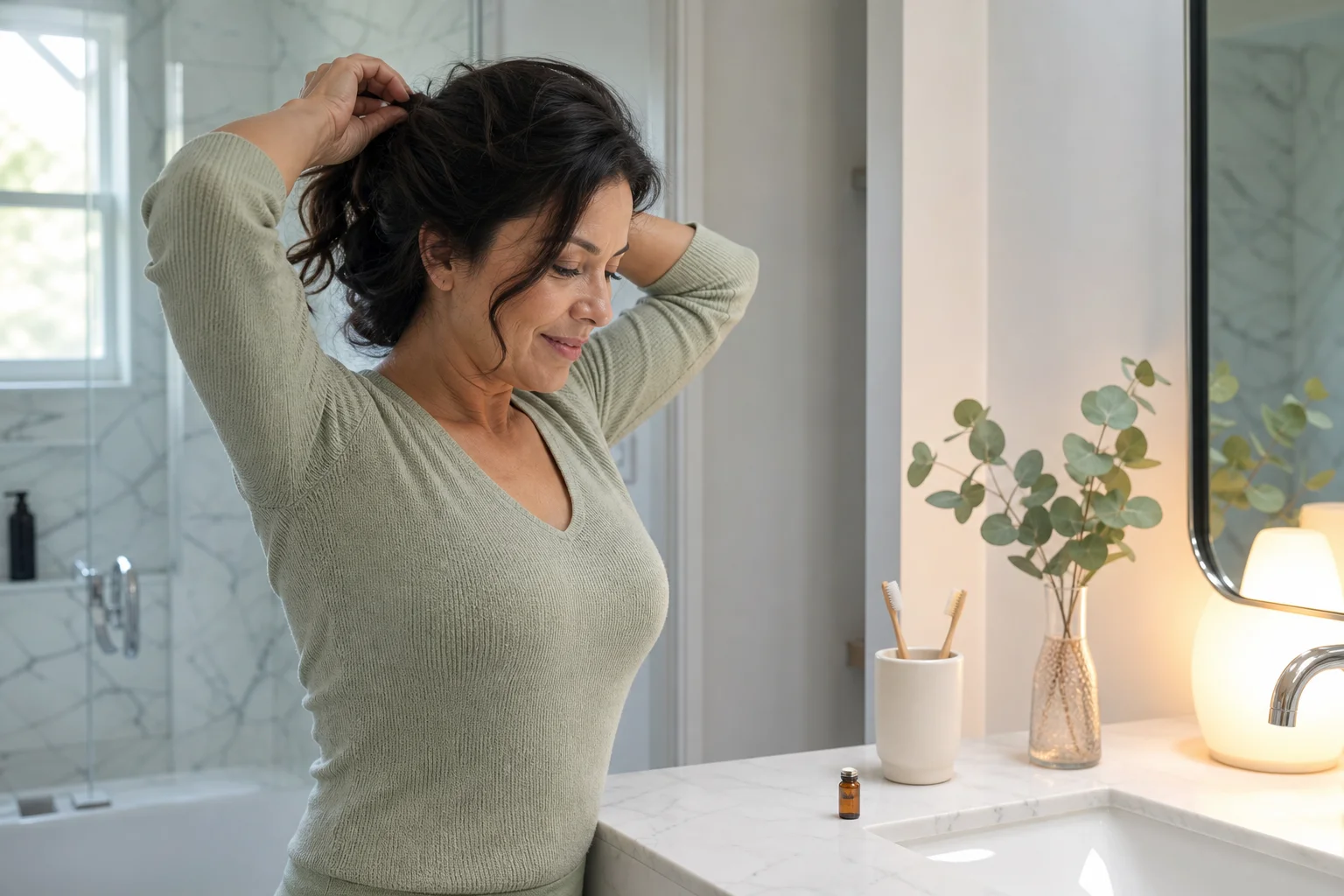 A Latina woman in her late forties with dark wavy hair ties it back at a white marble bathroom vanity in morning light, a thumb-sized vial beside a cup of toothbrushes and a eucalyptus sprig