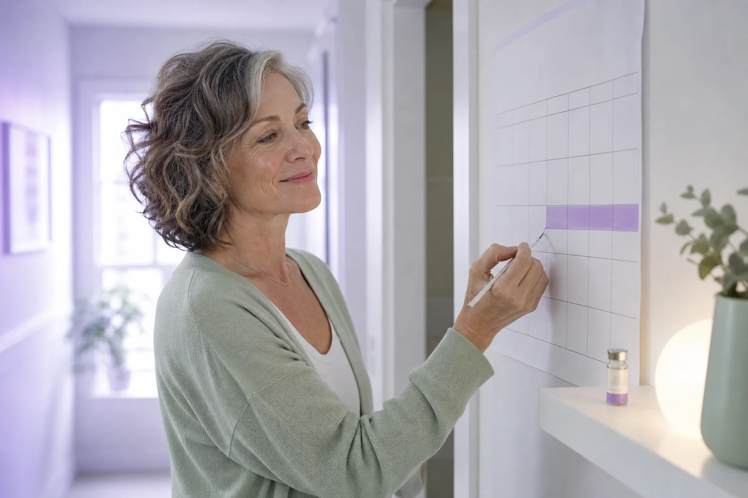 A white woman in her mid-fifties with a wavy silver-and-brown bob and a sage cardigan marks a paper wall calendar in a bright hallway, a row of days shaded lavender, a thumb-sized vial on a shelf beside her
