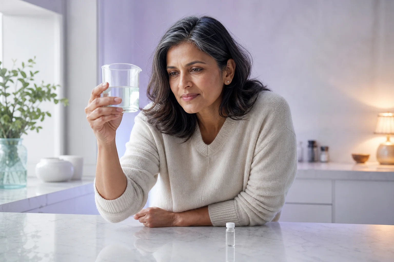 A South Asian woman in her late forties with dark, grey-streaked hair and a cream sweater holds a small glass measuring jug up to eye level at a white marble counter, a thumb-sized vial beside her