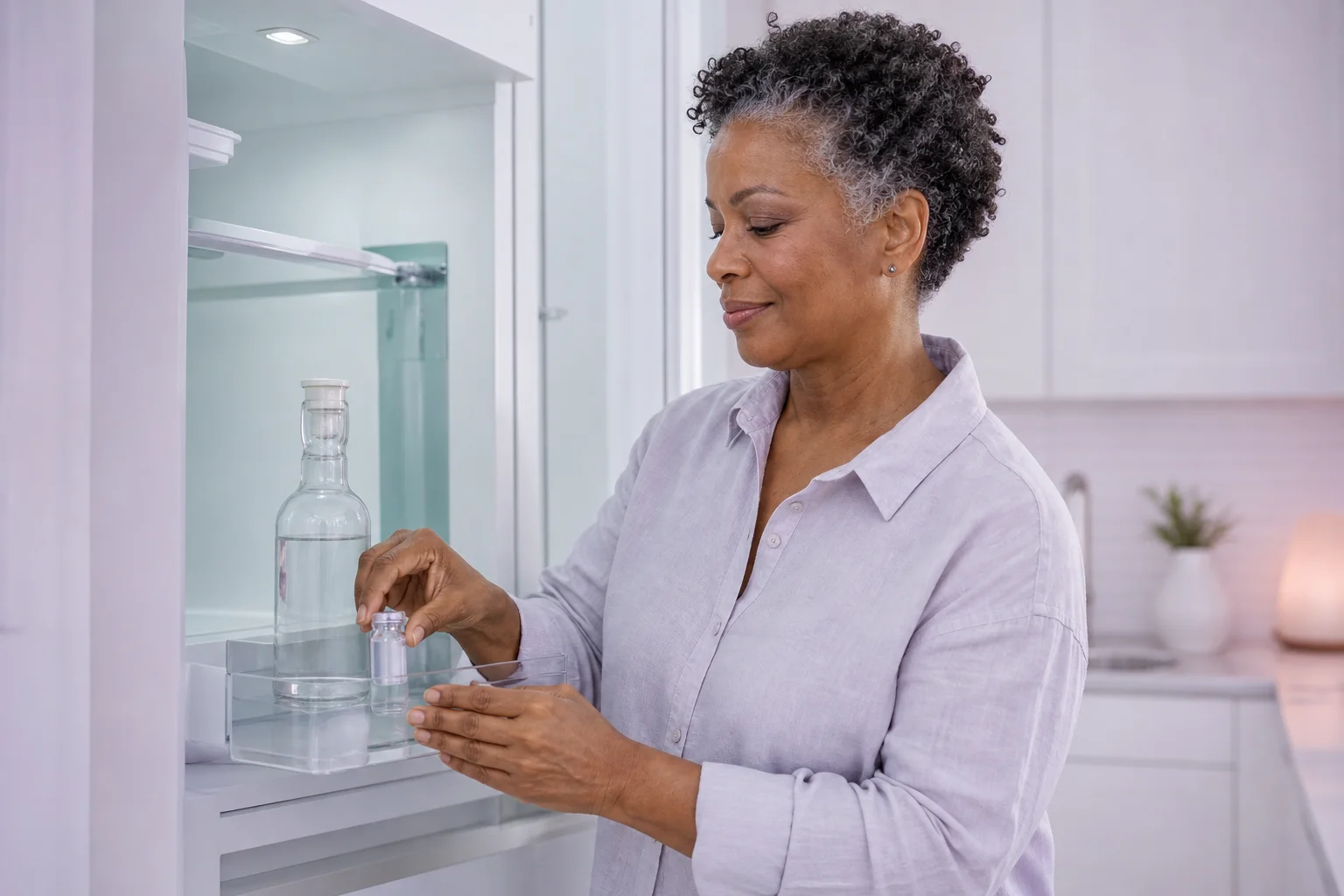 A Black woman in her early fifties with short silver-streaked curls and a lavender linen shirt sets a thumb-sized vial on the door shelf of a bright refrigerator beside a small sealed bottle of water