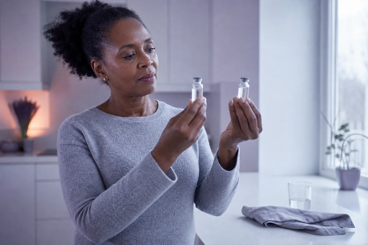A Black woman in her early fifties in a soft grey sweater at a near-white kitchen counter in cool morning light, holding a small glass vial in each hand and comparing them