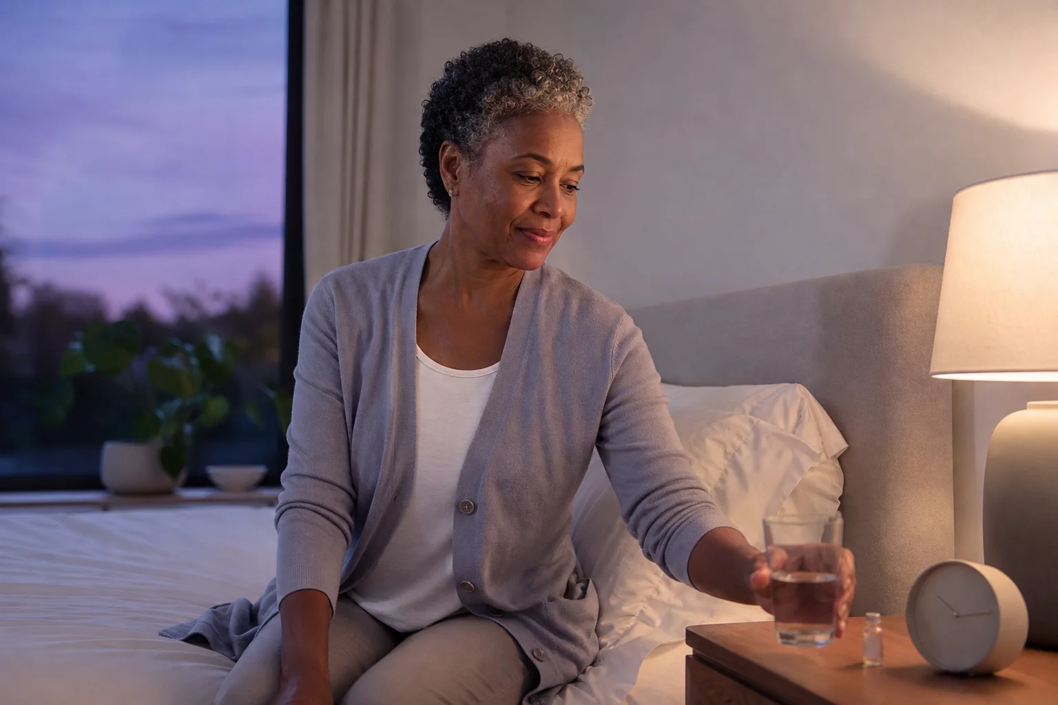 A Black woman in her early fifties with short silver-streaked curls sits on the edge of a white-linen bed at dusk, setting a glass of water on the nightstand beside a small vial and a round clock