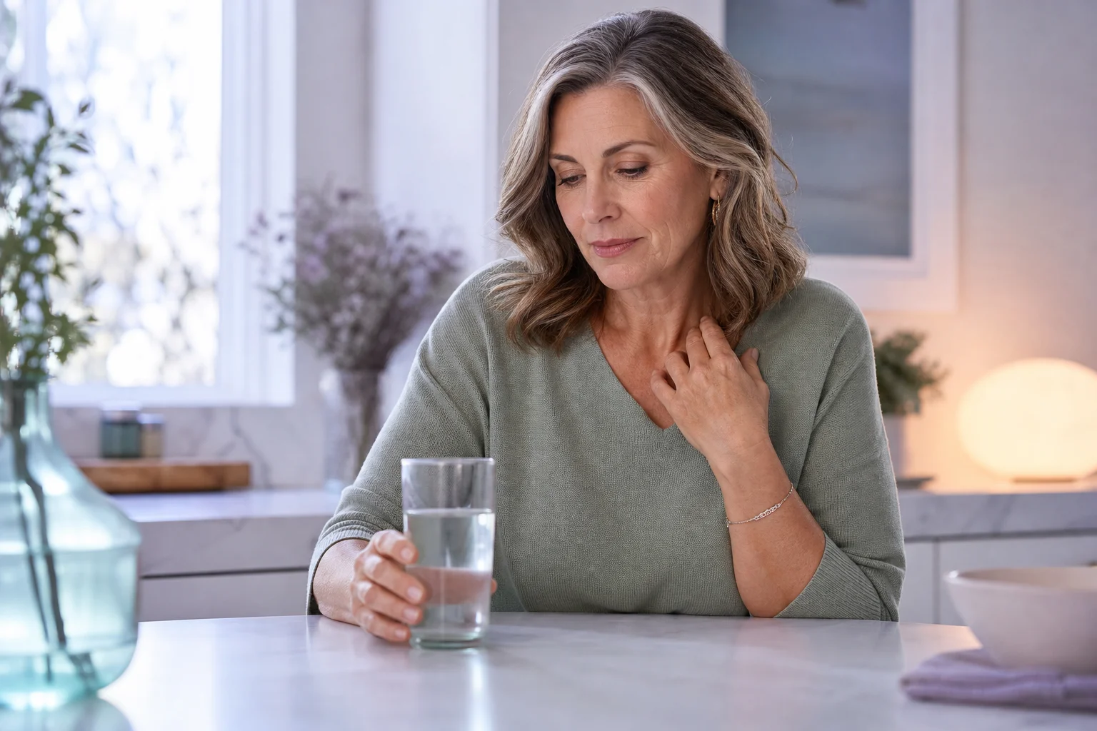 A white woman in her early fifties with grey-streaked shoulder-length hair, in a sage green sweater at a white marble kitchen table in cool lavender morning light, one hand at her collarbone and the other around a glass of water