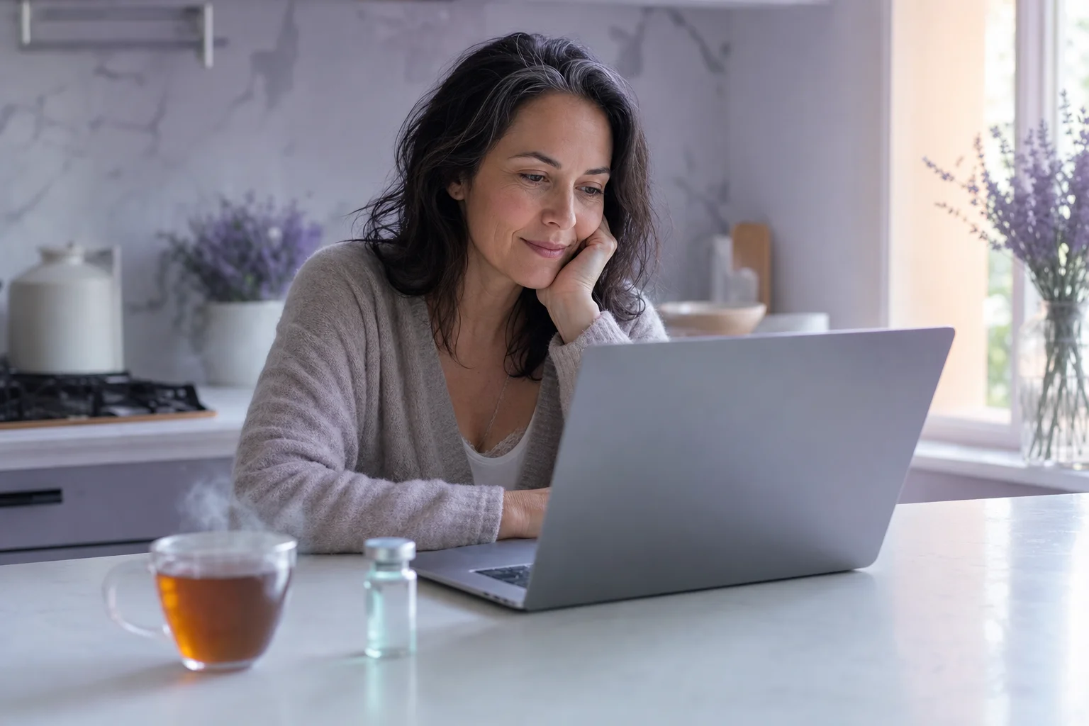 A woman in her late forties reading at a near-white kitchen counter on a Saturday morning, a cup of tea and a small glass peptide vial beside her laptop, soft lavender morning light.