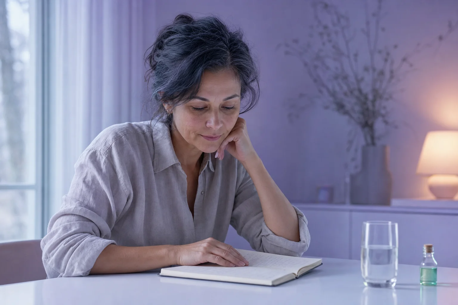 A woman in her early fifties reading handwritten notes at a near-white desk in soft cool lavender morning light, a small glass vial and a glass of water softly out of focus beside her