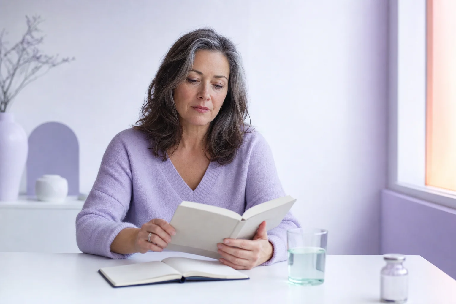A woman in her early fifties at a calm near-white desk in soft cool lavender morning light, an open notebook and a glass of water in front of her and a small glass vial softly out of focus beside her