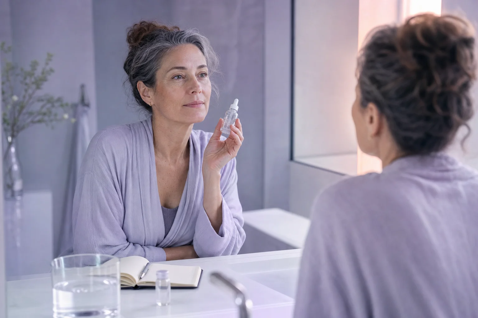 A woman in her early fifties at a calm near-white bathroom counter in soft warm morning light, looking at her reflection while holding a small glass serum bottle, a notebook and a glass of water nearby