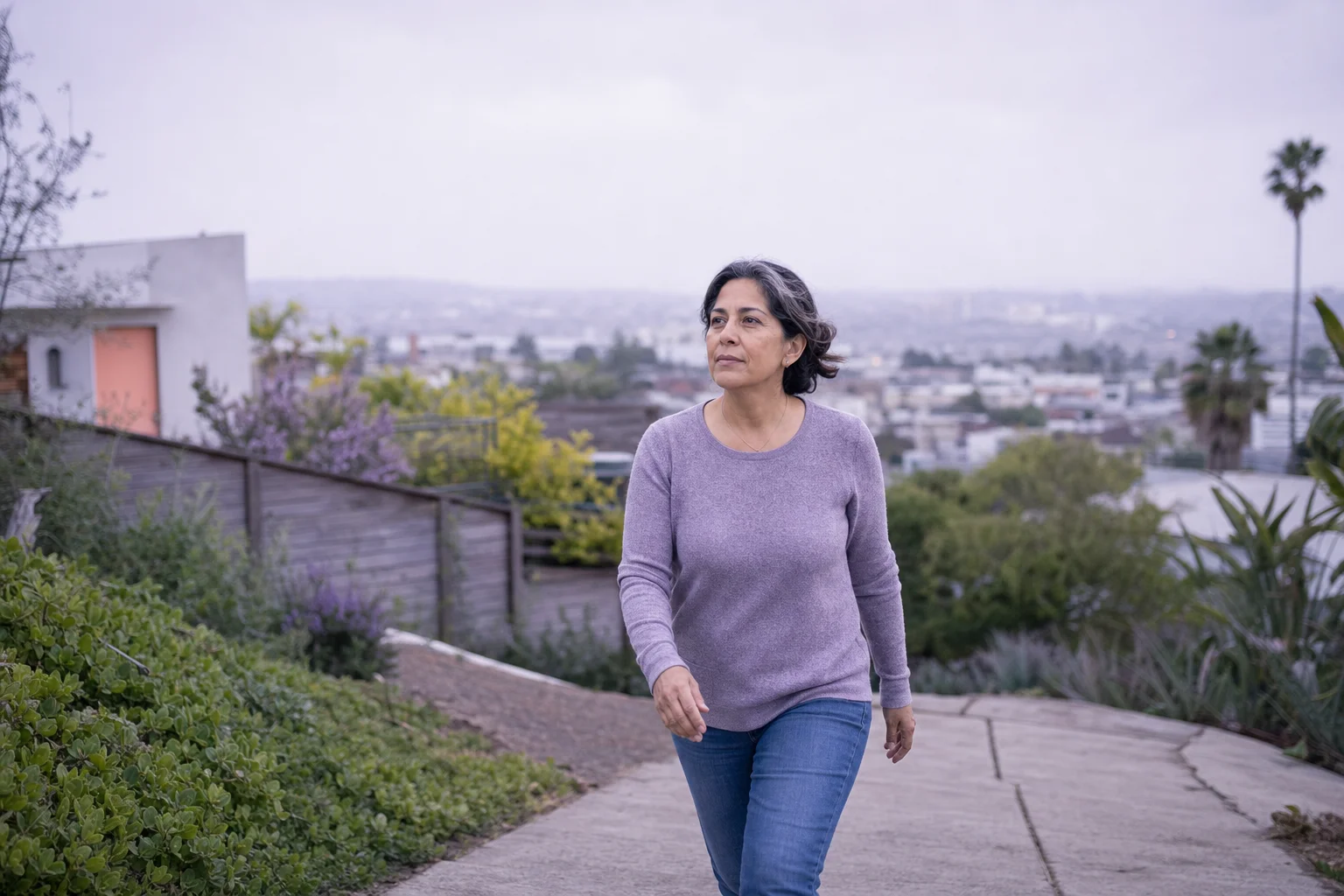A Latina woman in her early fifties, healthy and put-together, walking up a steep residential street on an overcast afternoon, calm and a little distant, her low energy legible without looking unwell