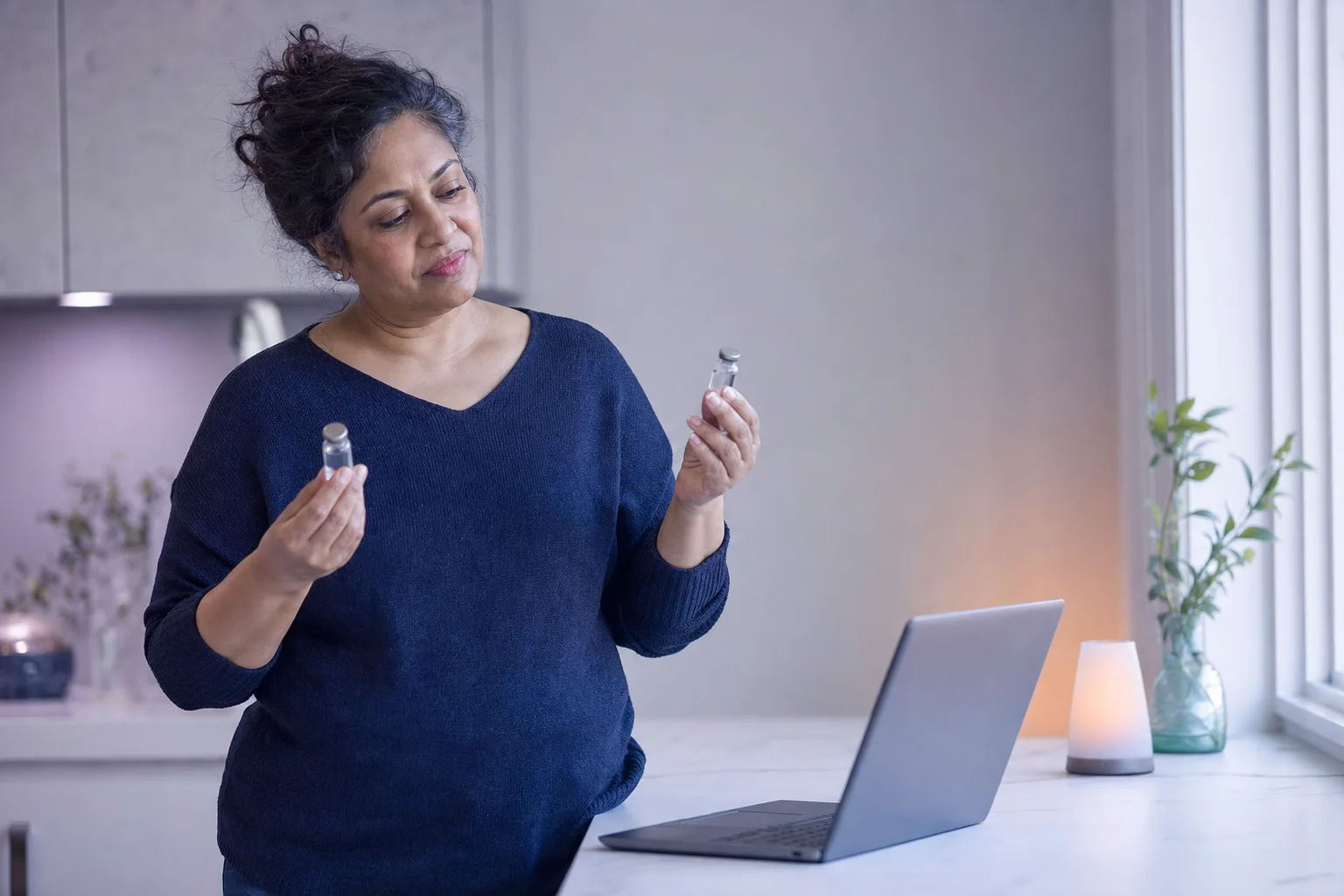 A woman in her fifties comparing two peptide vials, one in each hand, at a kitchen counter with a laptop open beside her