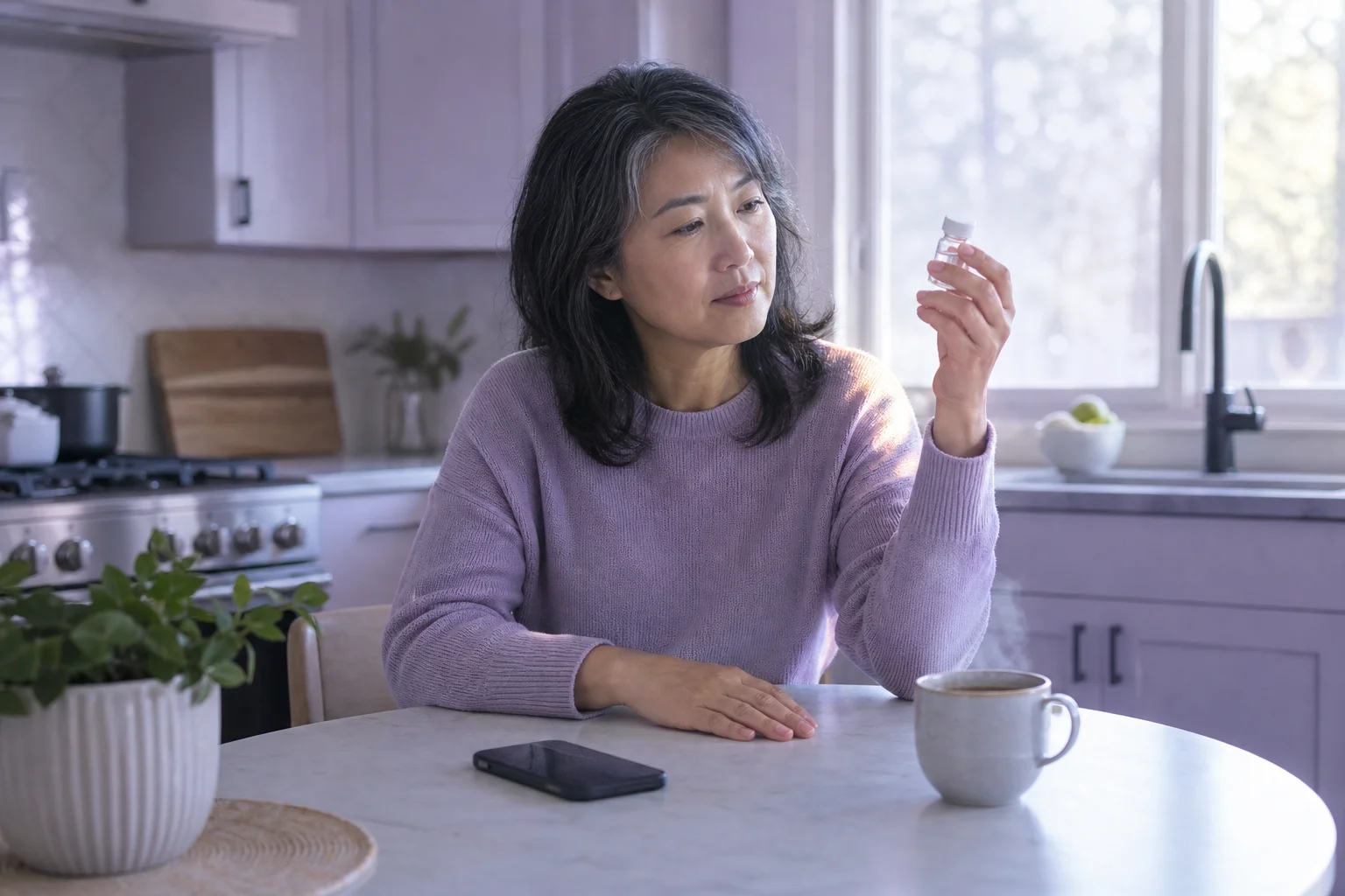 A woman in her early fifties at a kitchen table, turning a small vial over in her hand while her phone sits face-down beside a cup of coffee