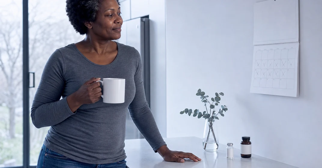 A Black woman in her early fifties at a clean white kitchen counter in the morning, coffee in hand, looking at a wall calendar where she has been ticking off the days, a small vial and a capsule bottle beside her