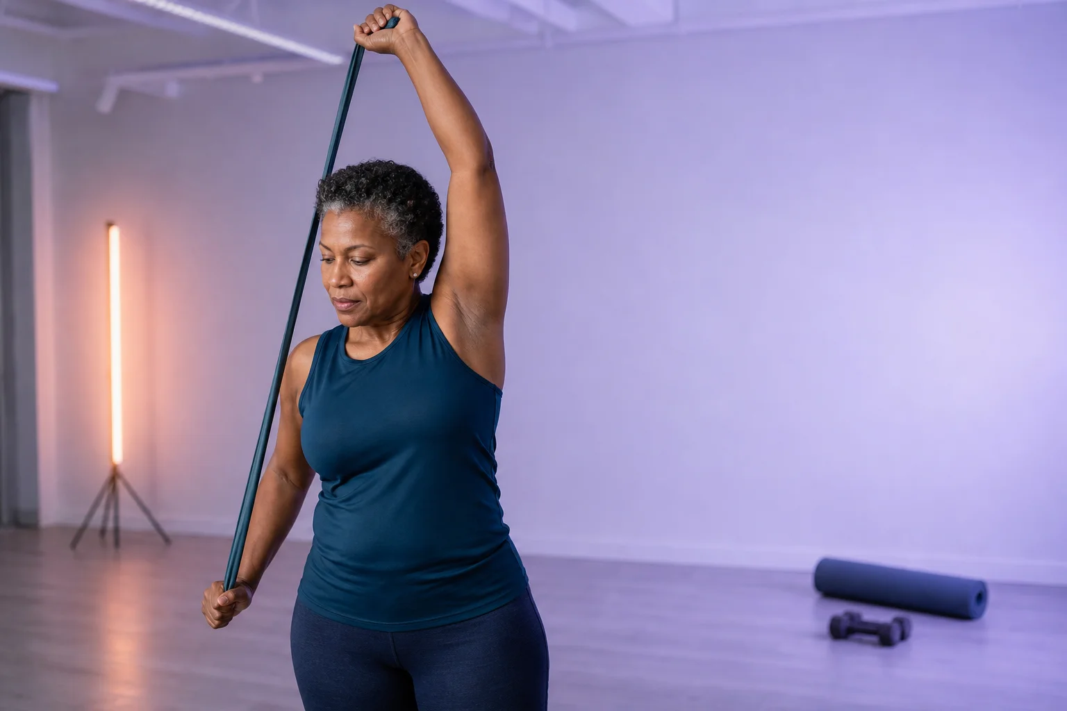 A Black woman in her early fifties in a gym studio, arm raised overhead doing a controlled resistance-band pull that isolates her shoulder, focused and capable in soft lavender studio light