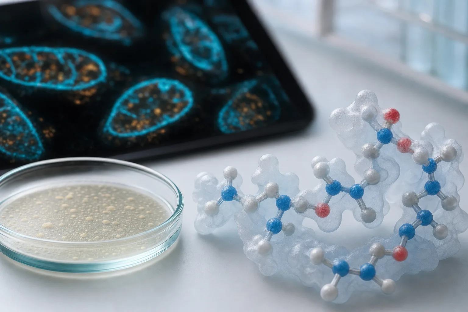 A petri dish with a bacterial culture next to a molecular model of a peptide chain and a microscopy image of mitochondria, illustrating research into a bacteria-derived cancer peptide