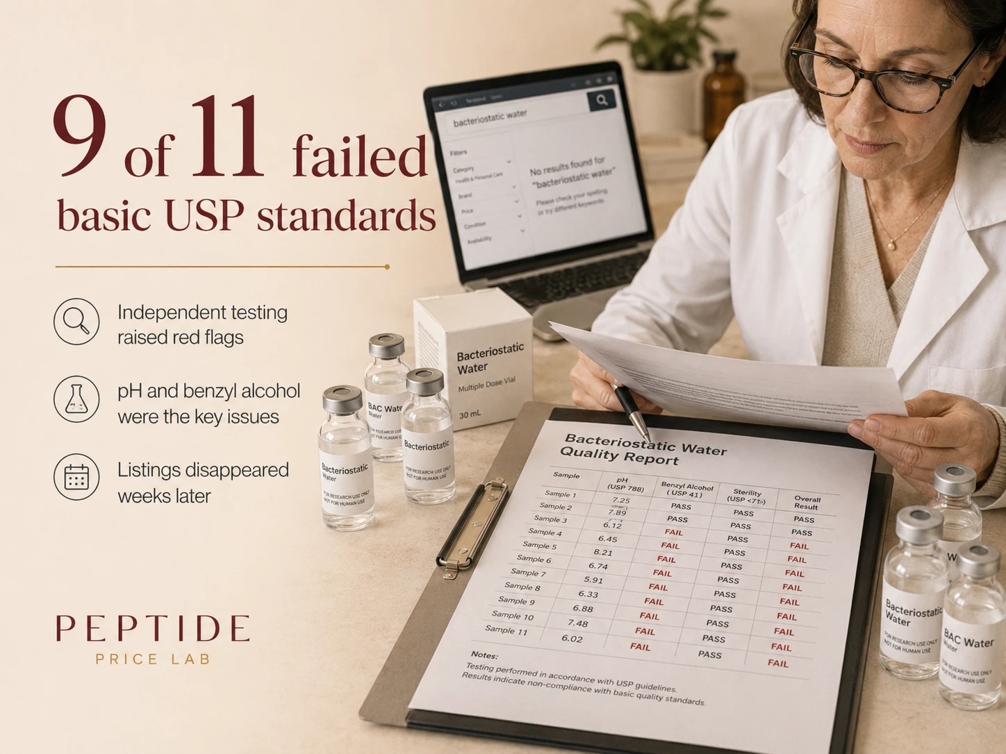 A researcher in a lab coat reviews a bacteriostatic water quality report showing pH and benzyl alcohol failures, beside BAC water vials and a laptop with an empty Amazon search, with text reading "9 of 11 failed basic USP standards"