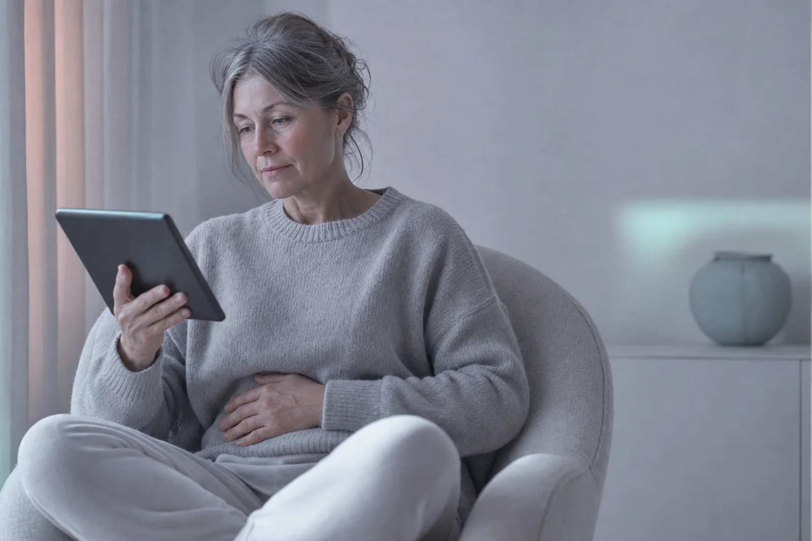 A woman in her fifties reading on a tablet in a pale armchair, one hand resting easily against her midsection, absorbed and unhurried.