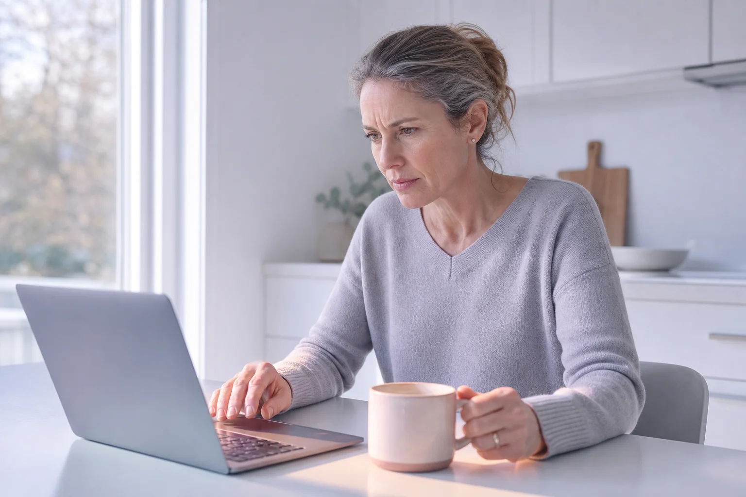 A woman in her late forties, brow furrowed in skepticism, reading a research article on her laptop at a near-white kitchen table, coffee mug beside her, soft cool morning light through the window.