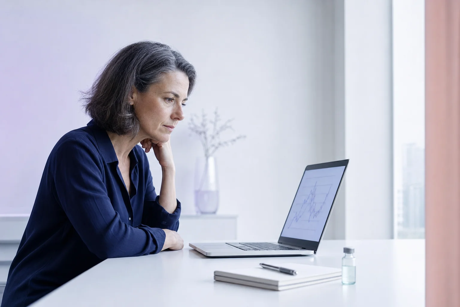 A woman in her fifties at a white desk, studying a data chart on her laptop screen beside a notebook, pen, and a small vial.