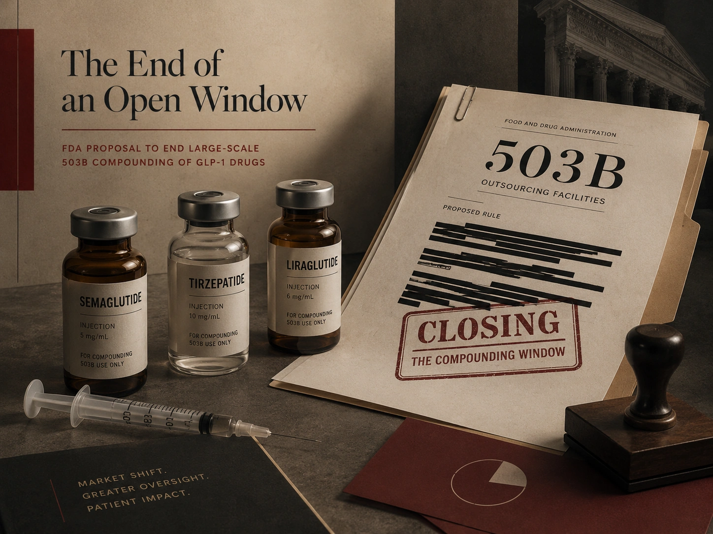 Semaglutide and tirzepatide vials with a syringe beside a redacted FDA 503B proposal document stamped "Closing the Compounding Window"