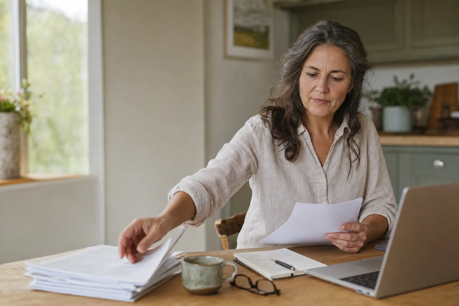 A woman in her fifties at a kitchen table in morning light, reading a printed research paper with a pen in her hand and an unhurried, questioning expression.