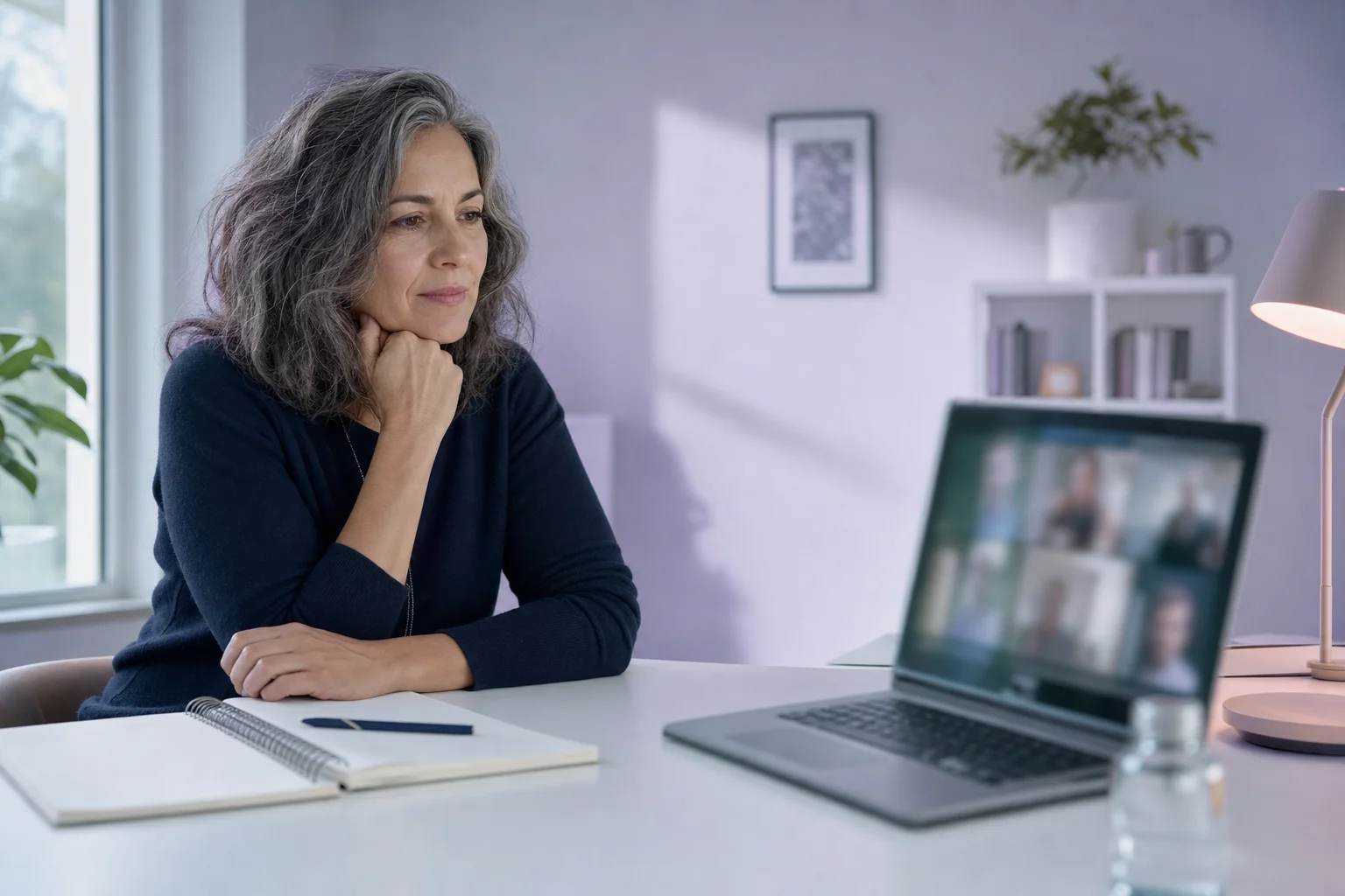 A grey-haired woman in her fifties resting her chin on her hand at a white desk, watching a livestreamed meeting on a laptop, an open notebook and indigo pen beside her in cool lavender light.