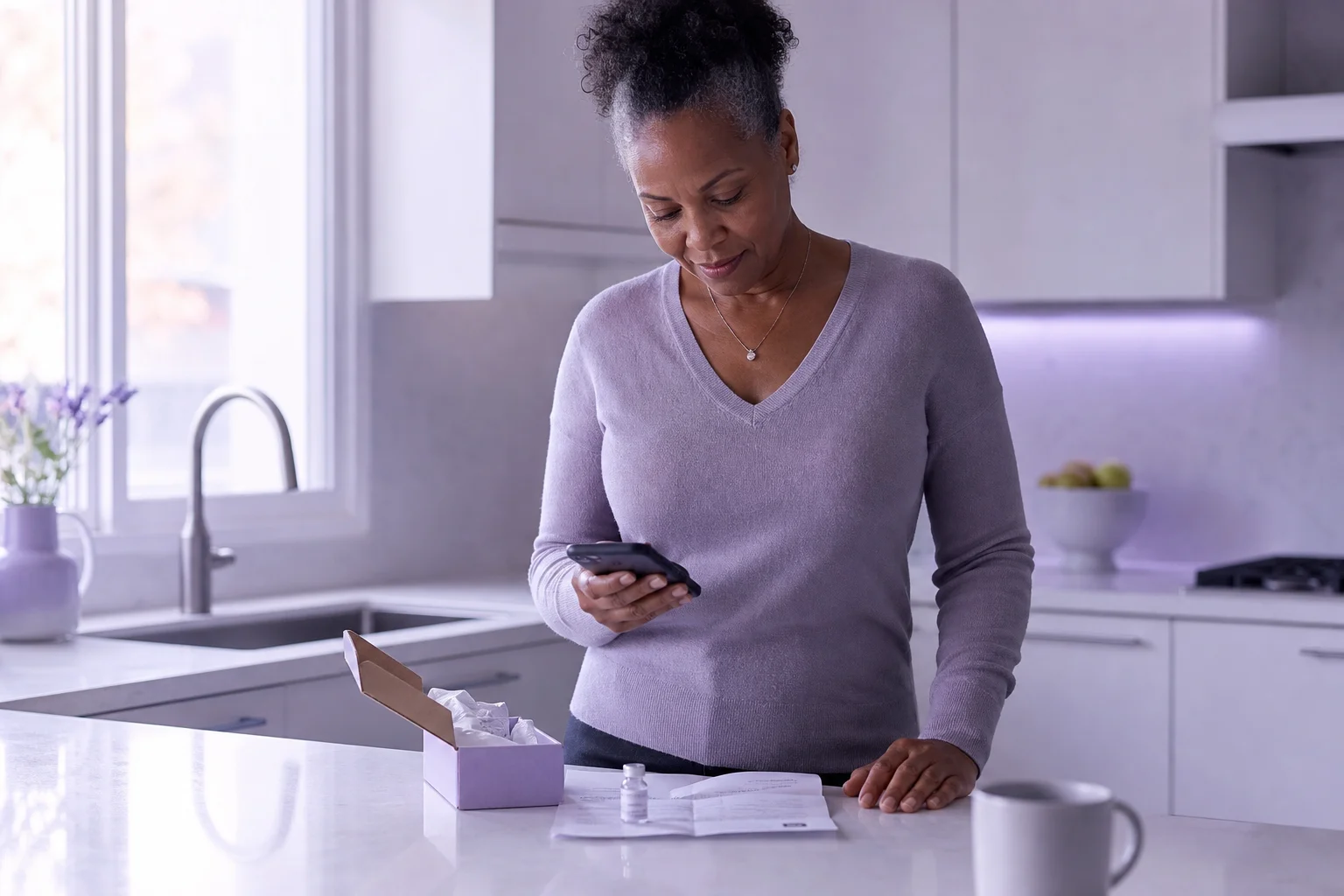 A woman in her fifties standing at a near-white kitchen counter, checking her phone against a certificate of analysis and a small peptide vial from a shipped order, calm and unbothered.