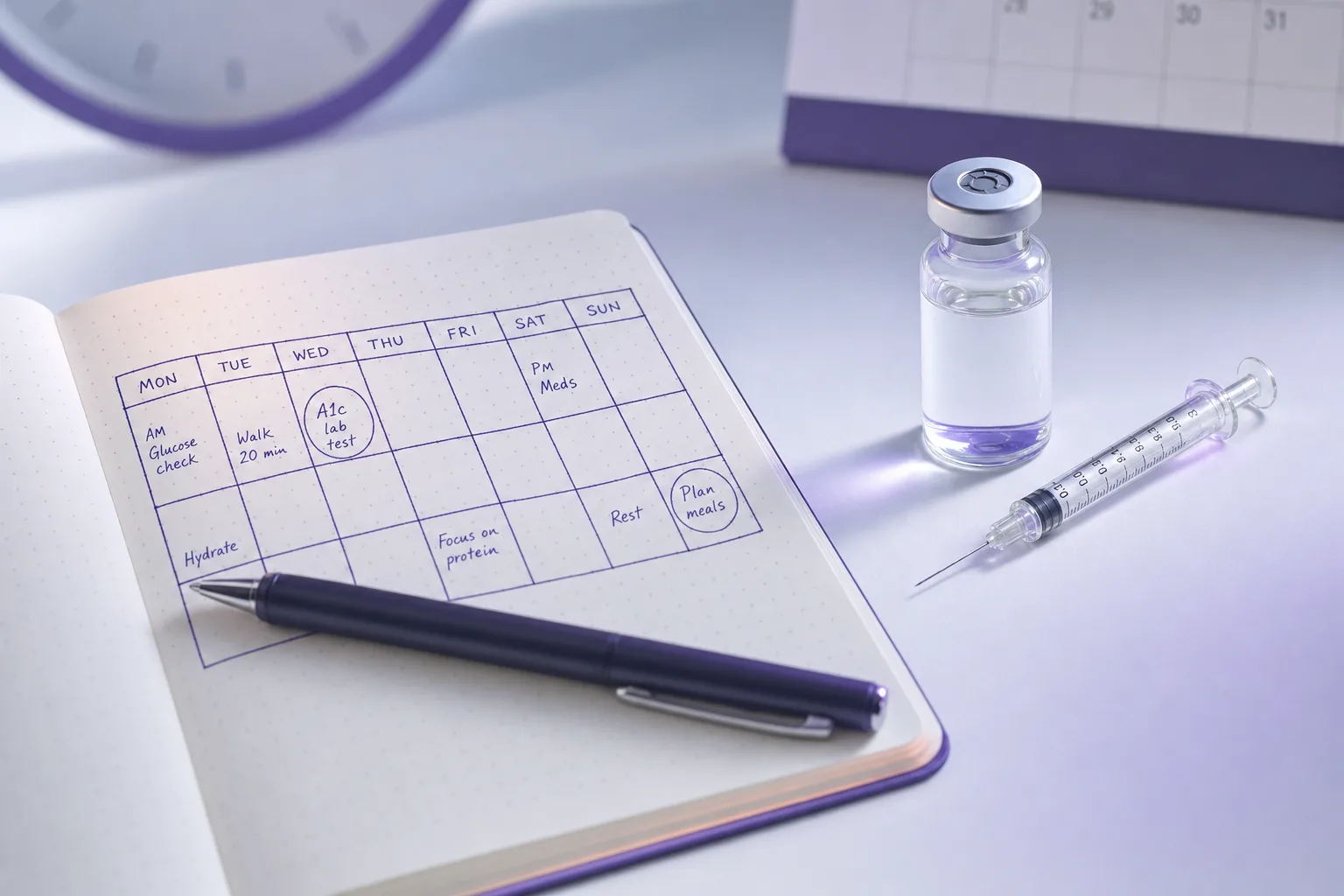 A hand-drawn weekly dosing calendar in an open notebook with a pen, beside a glass vial and a syringe on a clean near-white desk under soft lavender-toned light