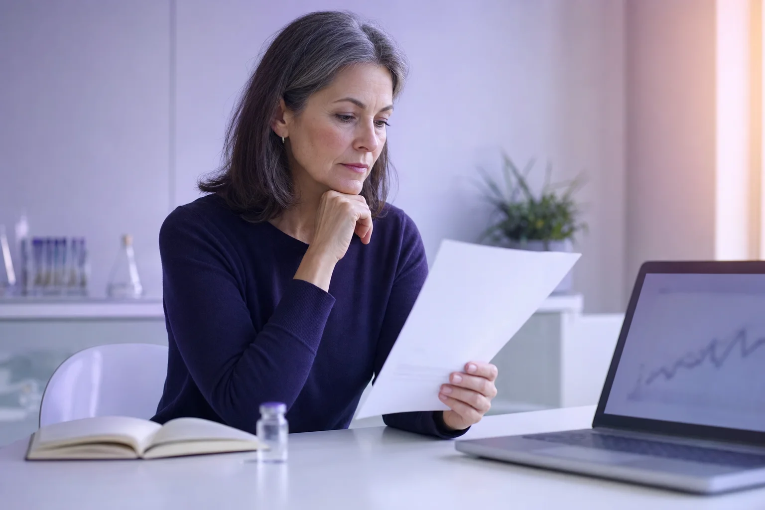 A woman in her fifties reading a printed research summary at a near-white desk, a laptop with a blurred chart, a small glass vial and notebook nearby, in soft cool lavender light