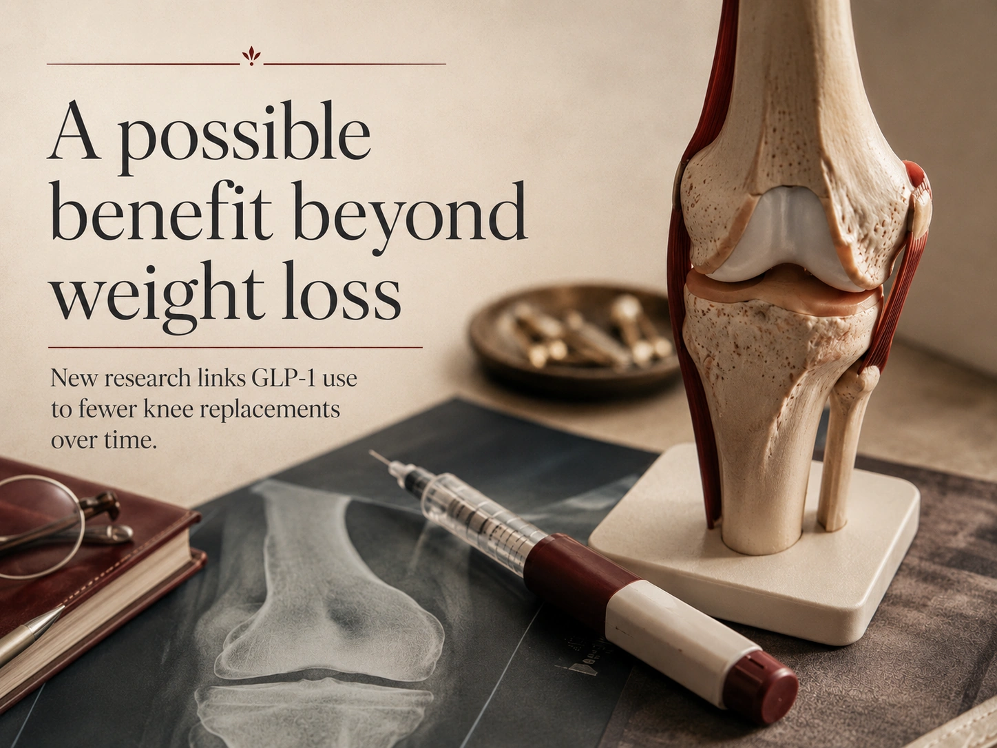 Anatomical knee joint model beside a knee X-ray and a GLP-1 injection pen, illustrating research linking GLP-1 use to fewer knee replacements
