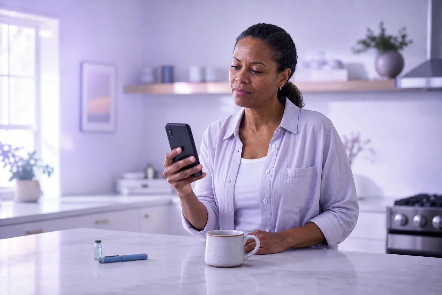 A Black woman in her late forties at a near-white kitchen counter, looking thoughtfully at her phone with a coffee mug, a small medication vial and injector pen sitting nearby, in soft cool morning light