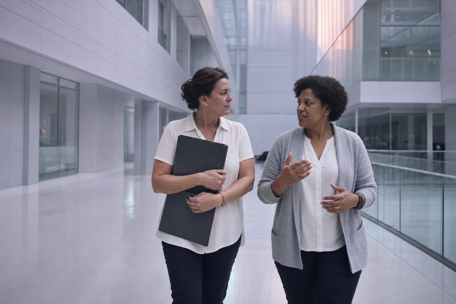 Two women in their early fifties walking side by side through a bright hospital atrium, mid-conversation, one listening closely to the other.