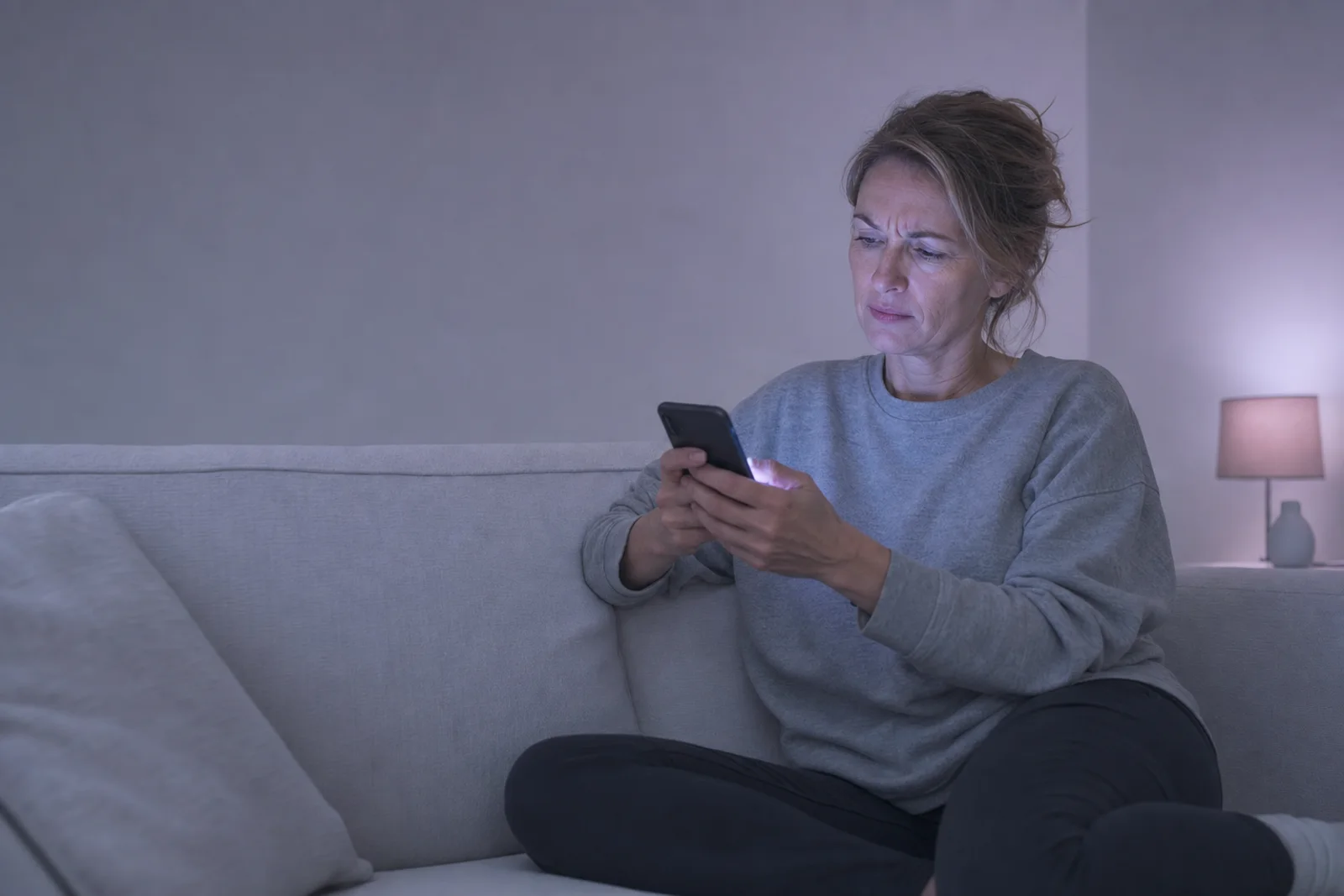 A woman in her late forties on a sofa in the evening, scrolling her phone with a faintly unconvinced expression.