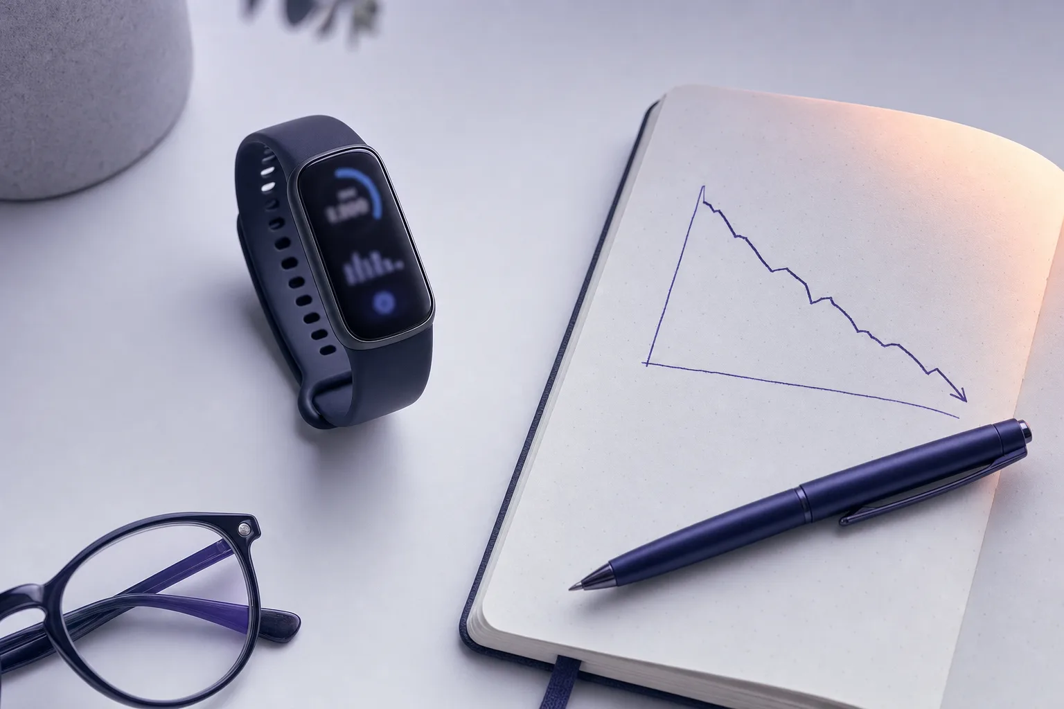 A top-down view of a fitness tracker and an open notebook with a hand-drawn declining trend line, on a clean near-white desk under soft lavender-toned light