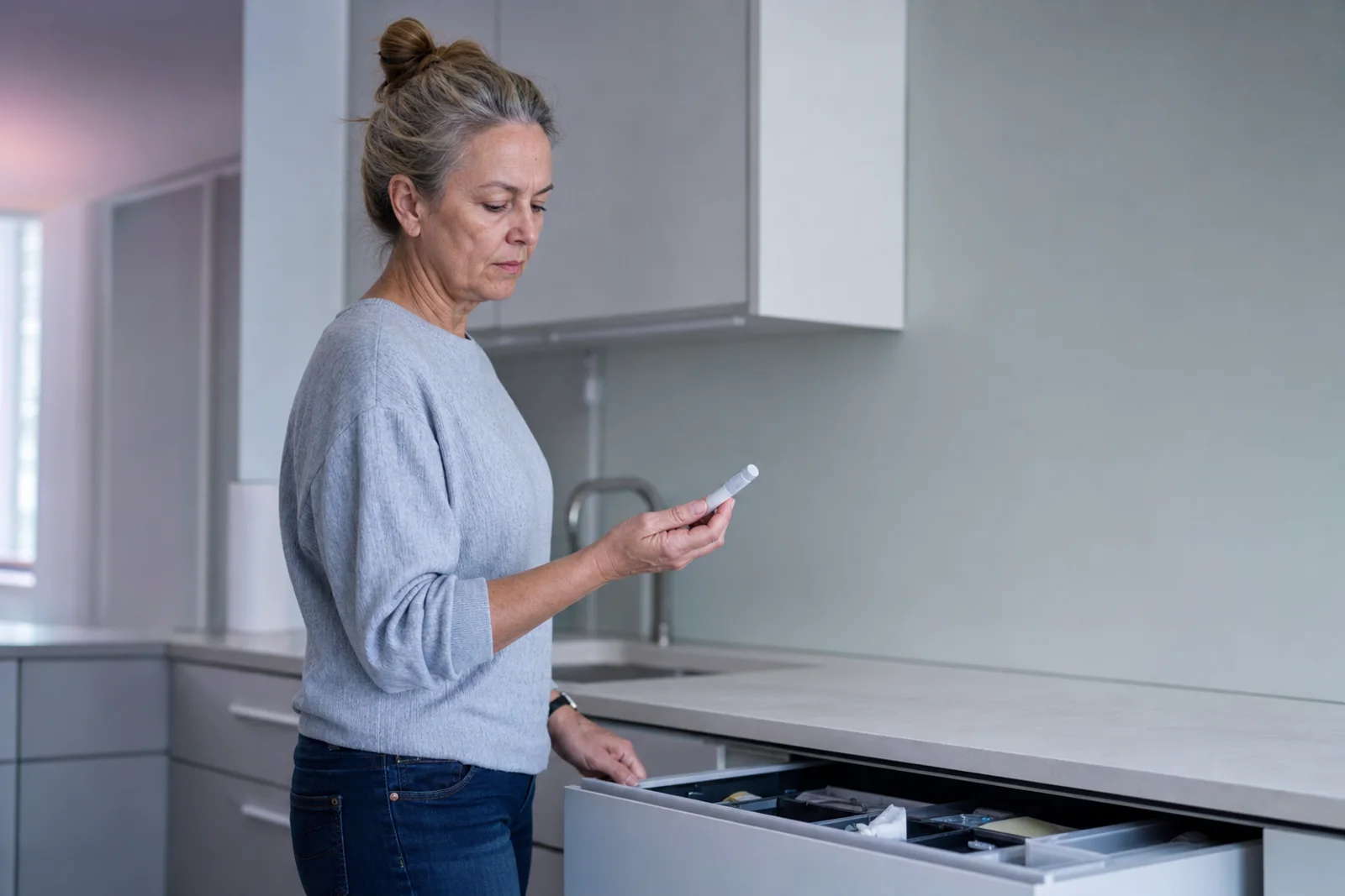 A woman in her fifties standing at an open kitchen drawer, holding an injector pen and looking down at it, caught mid-decision.