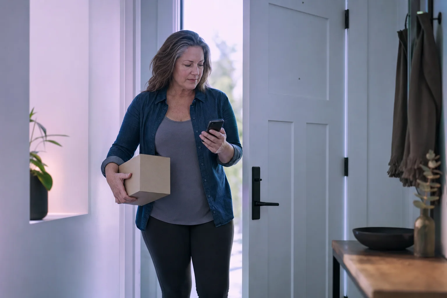A woman in her fifties in a near-white entryway, holding a shipping box and checking a delivery notice on her phone in soft cool morning light.
