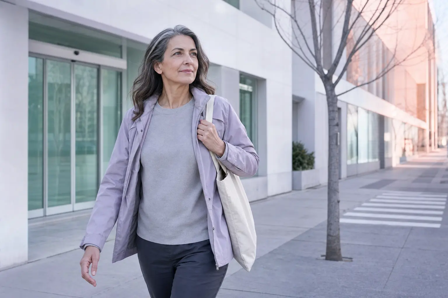 A woman in her early fifties walking out of a glass-fronted medical building onto a city sidewalk in the morning, a canvas tote over one shoulder, looking ahead down the street in cool lavender light.