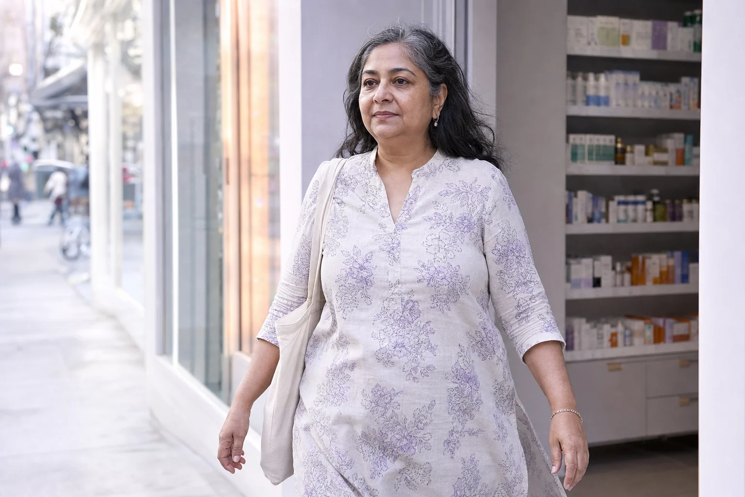 A woman in her early fifties walking out of a pharmacy onto a sunlit sidewalk, tote bag over her shoulder, mid-stride in soft cool light.