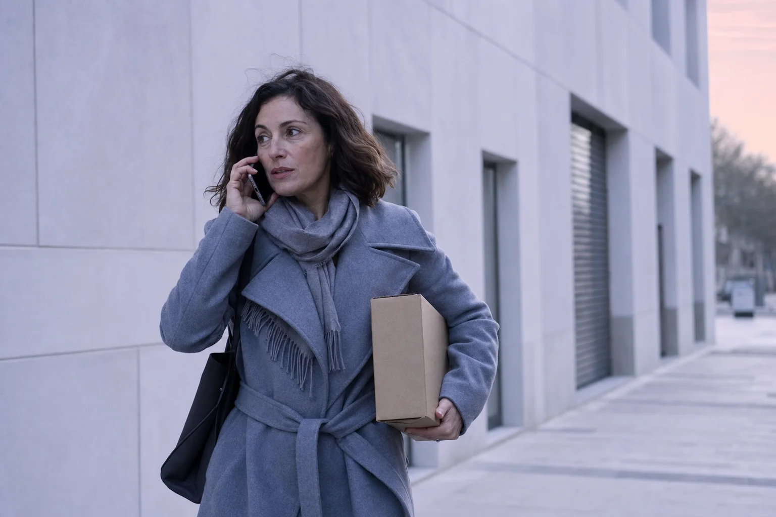 A woman in her forties walking briskly along a city sidewalk in cool morning light, phone to her ear, a small unmarked shipping box tucked under her other arm.