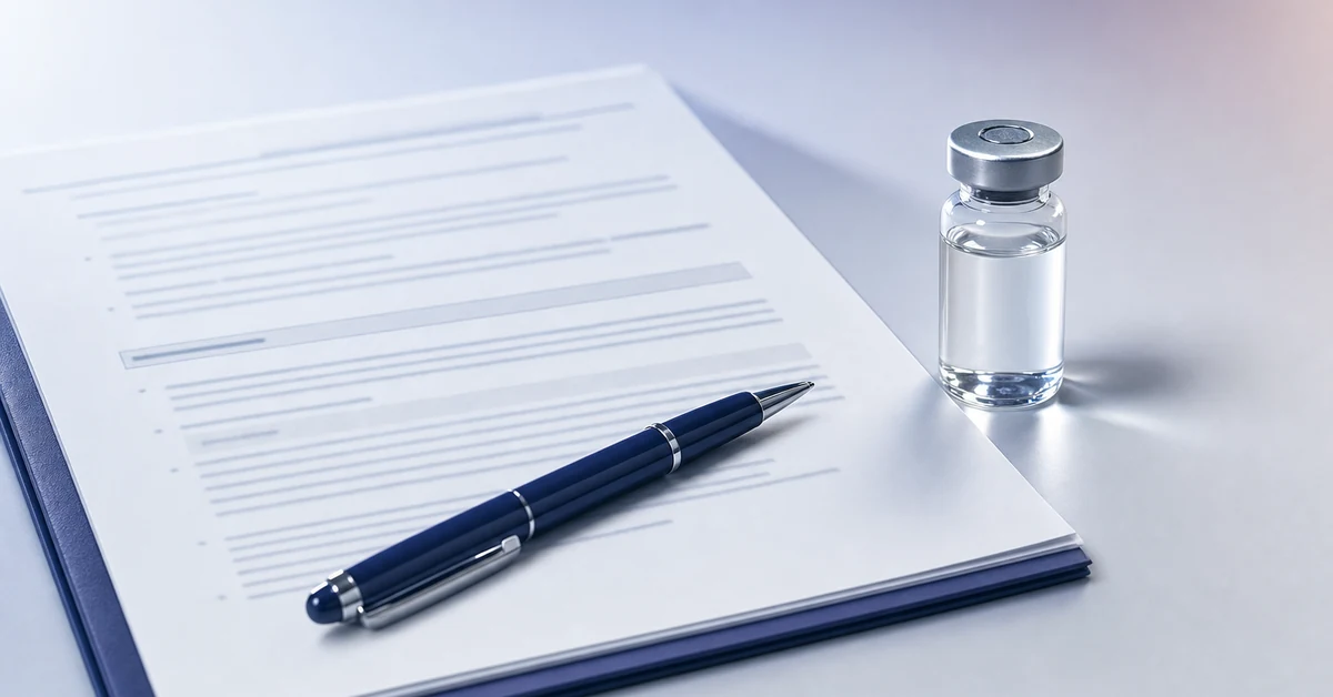 A government-style regulatory document with illegible text on a cool light-grey desk, a clear glass peptide vial with a silver cap beside it and a dark indigo pen resting across the page, under soft lavender-toned window light