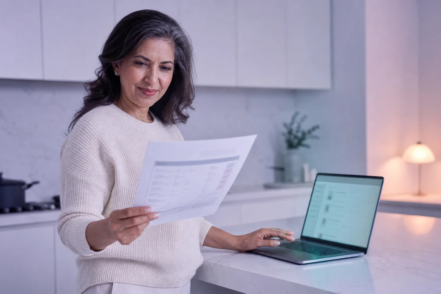 A woman in her fifties standing at a kitchen counter, reading a printed lab certificate beside an open laptop showing a muted directory listing page
