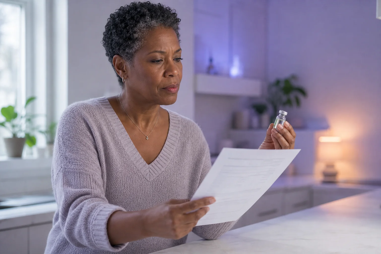 A woman in her fifties at a kitchen counter, comparing a printed certificate of analysis to a small peptide vial in her other hand with a focused expression