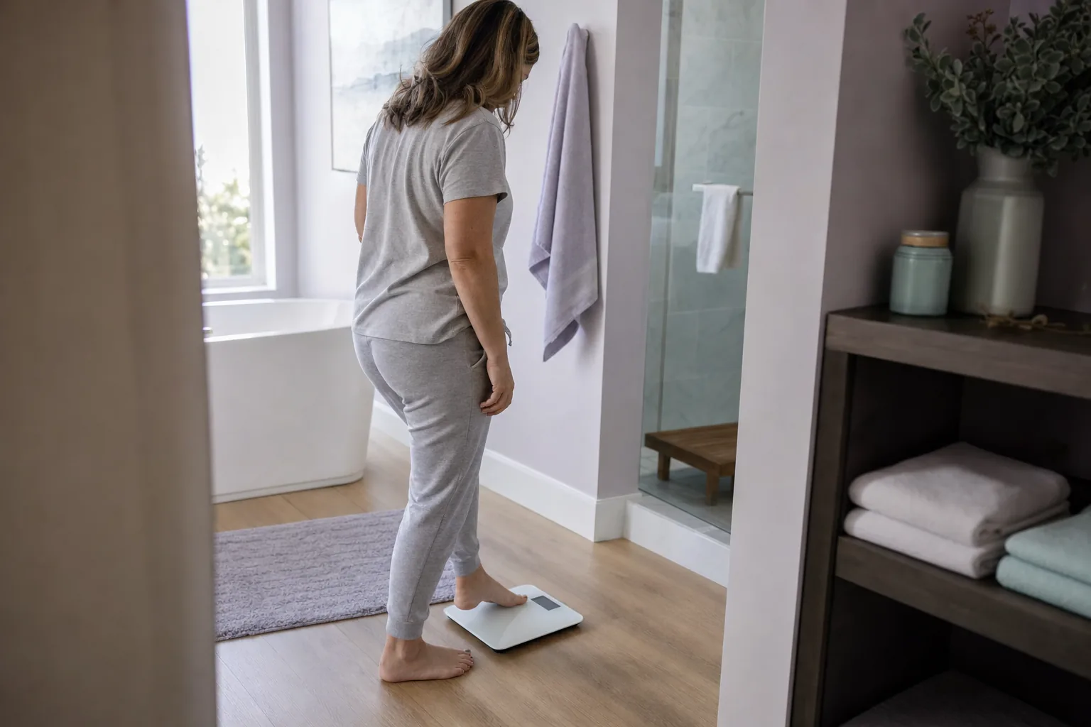 A woman seen from behind steps onto a minimalist white digital bathroom scale in a soft, cool-lavender-toned bathroom, an ordinary quiet morning moment