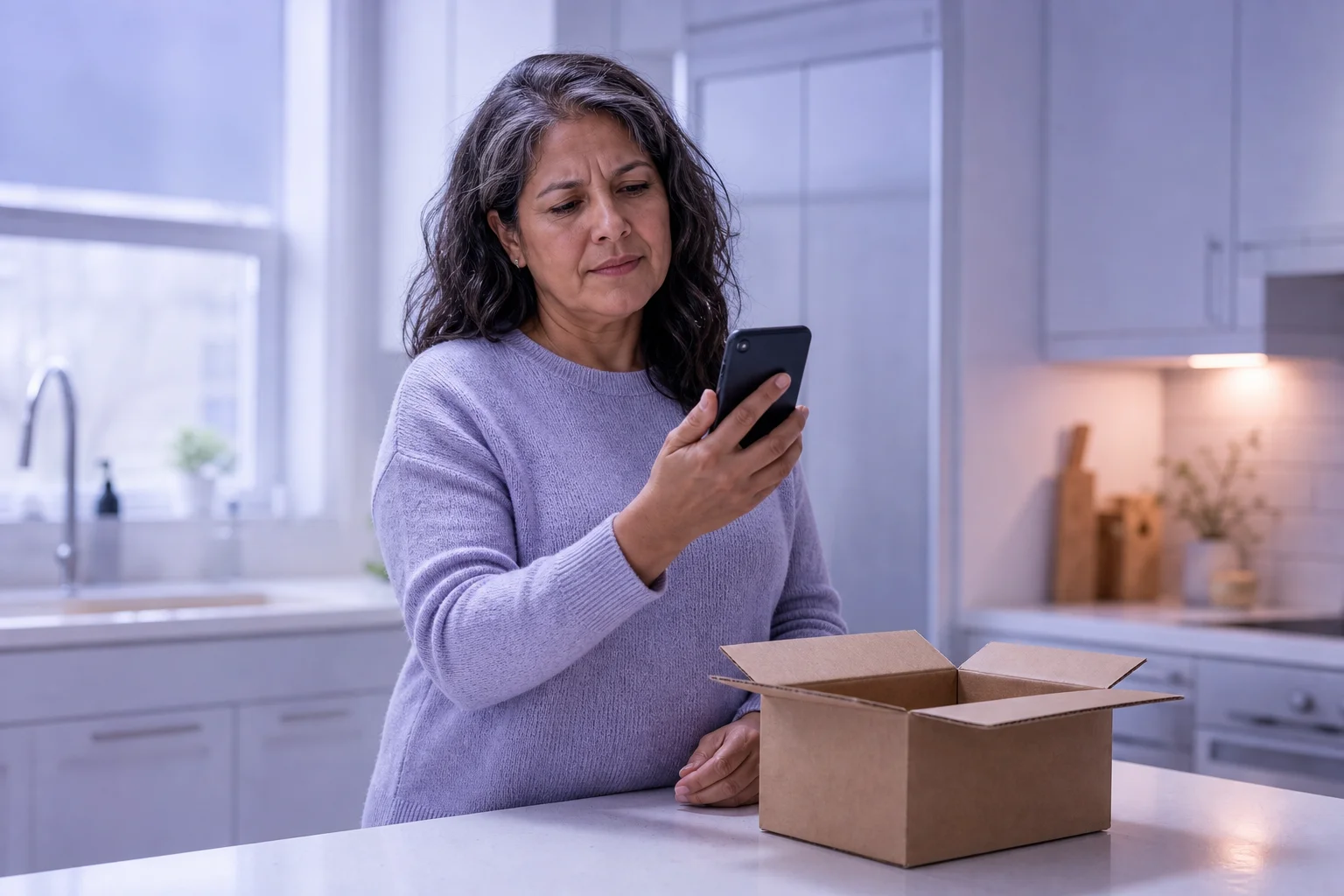 A woman in her fifties in a near-white kitchen, holding her phone and looking at it with a puzzled expression, an already-opened empty shipping box on the counter in front of her.