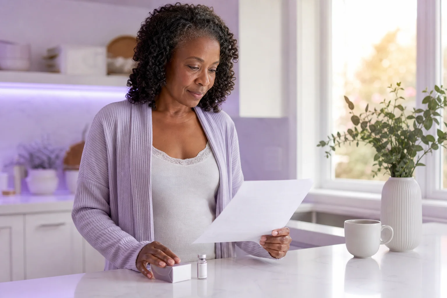 A Black woman in her early fifties at a near-white kitchen counter, calmly reading a printed recall notice with one hand resting on a small glutathione vial box beside her.