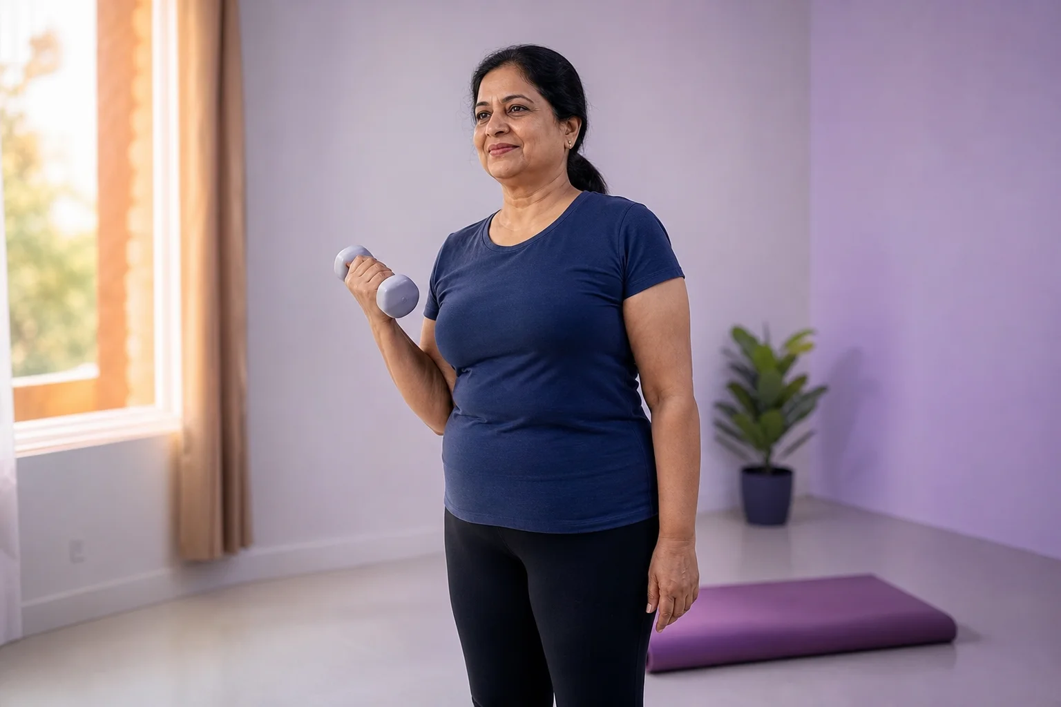 A woman in her fifties doing a light dumbbell exercise at home, calm and focused, with a yoga mat on the floor nearby