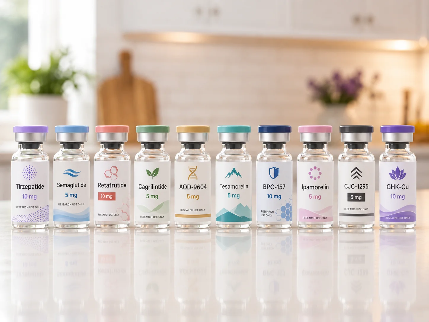 Ten peptide research vials lined up in a row on a bright kitchen counter, each with a different colored cap and its own compound label, from Tirzepatide to GHK-Cu.