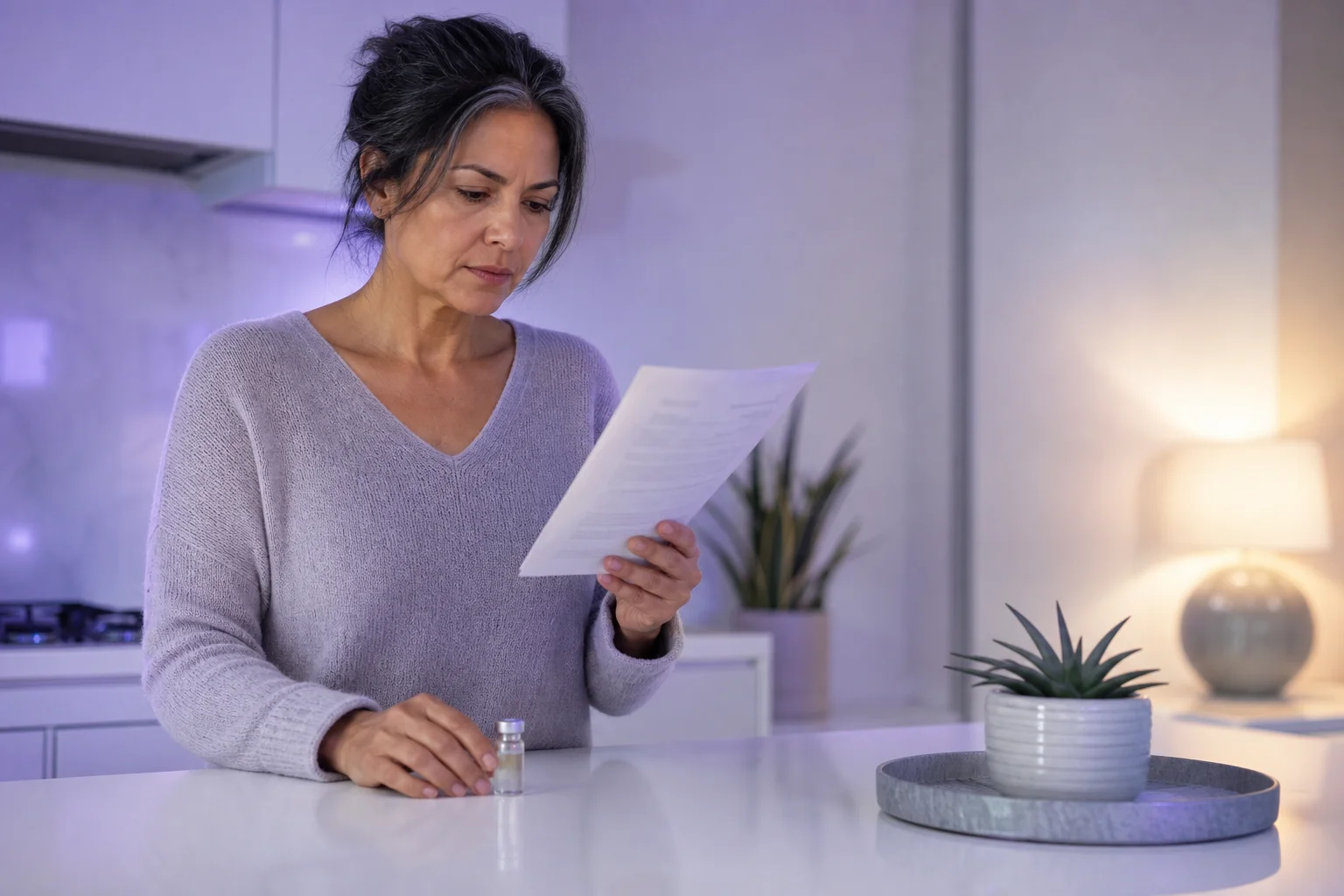 A woman in her fifties in a near-white kitchen, reading a printed lab document beside a small vial on the counter