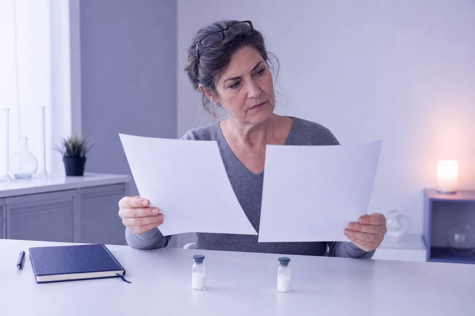 A woman in her fifties at a white desk comparing two supplier spec sheets, in cool lavender light with a soft peach accent