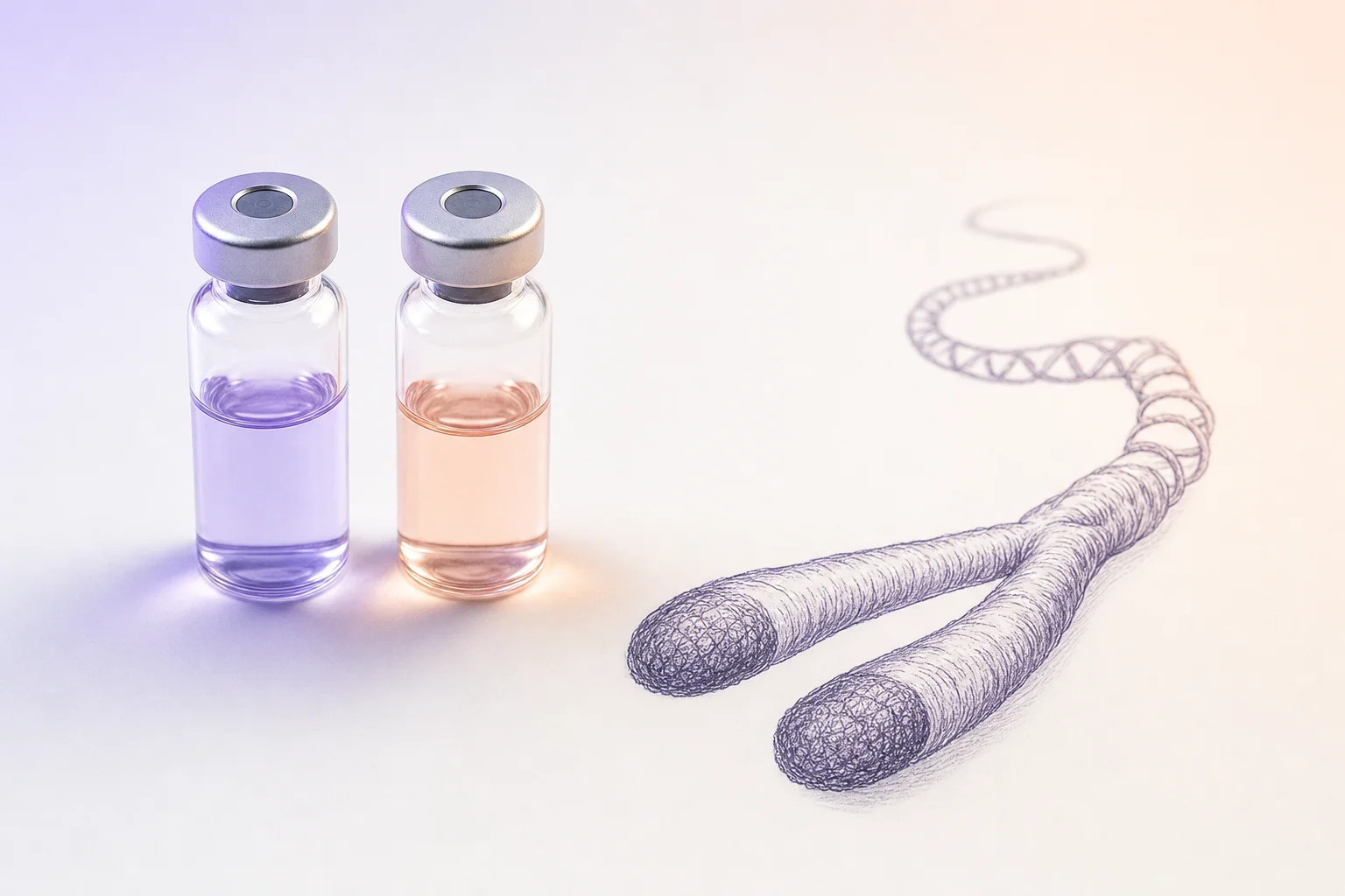 Two glass vials beside a hand-drawn telomere spiral diagram on a near-white surface with cool lavender and peach light